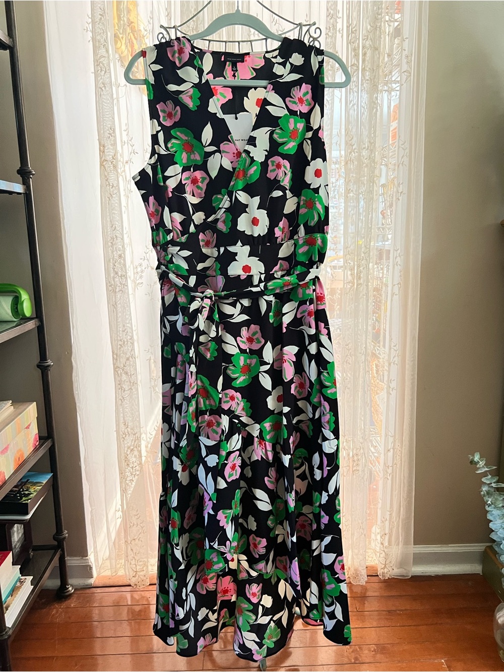 Who What Wear Black Floral Midi Dress with Pink & Green Accents